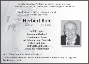 Traueranzeige von Herbert Bohl von FZ