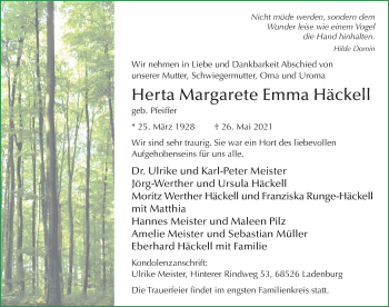 Traueranzeige von Herta Margarete Emma Häckell von FZ