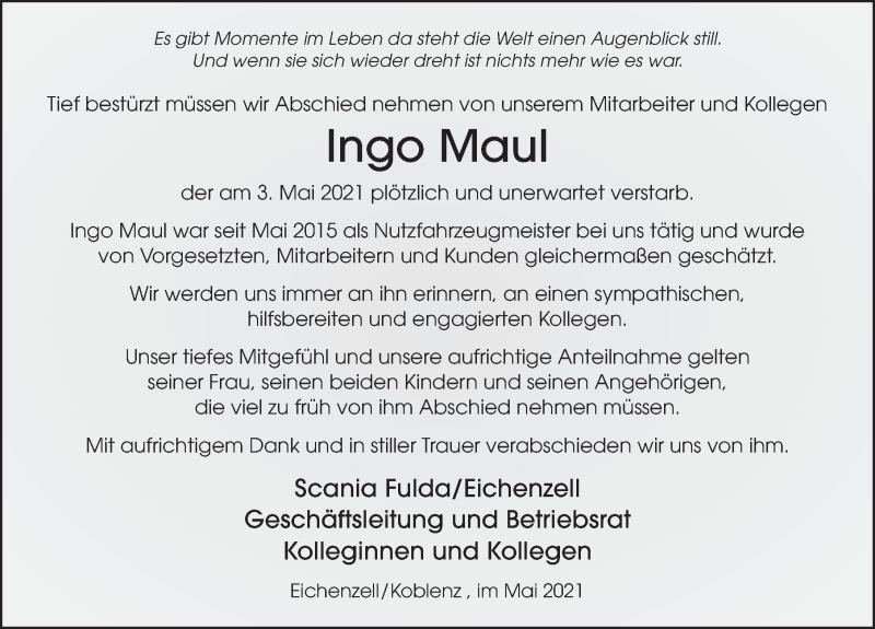  Traueranzeige für Ingo Maul vom 19.05.2021 aus FZ