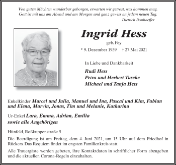Traueranzeige von Ingrid Hess von FZ