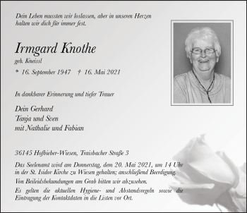 Traueranzeige von Irmgard Knothe von FZ