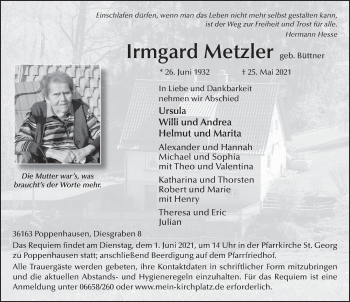 Traueranzeige von Irmgard Metzler von FZ