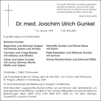 Traueranzeige von Joachim Ulrich Gunkel von FZ