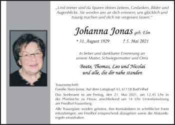 Traueranzeige von Johanna Jonas von FZ