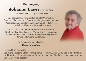 Traueranzeige von Johanna Lauer von FZ