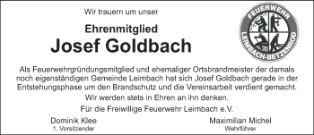 Traueranzeige von Josef Goldbach von FZ
