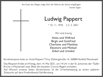 Traueranzeige von Ludwig Pappert von FZ