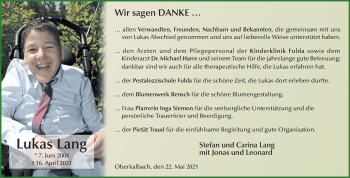 Traueranzeige von Lukas Lang von FZ