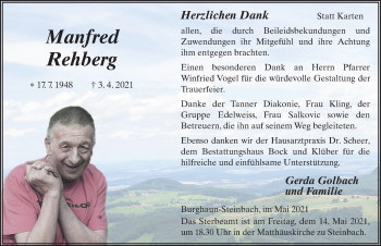 Traueranzeige von Manfred Rehberg von FZ