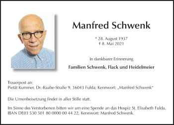 Traueranzeige von Manfred Schwenk von FZ