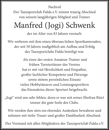 Traueranzeige von Manfred Schwenk von FZ