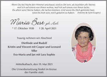 Traueranzeige von Maria Best von FZ