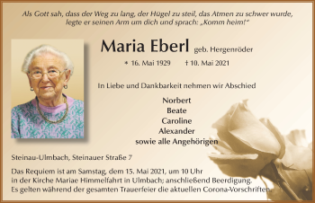 Traueranzeige von Maria Eberl von FZ