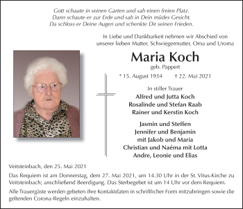 Traueranzeige von Maria Koch von FZ