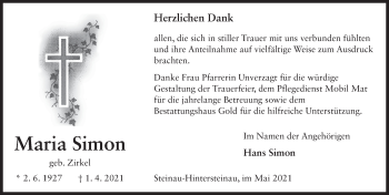 Traueranzeige von Maria Simon von FZ