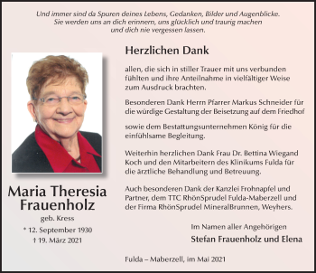 Traueranzeige von Maria Theresia Frauenholz von FZ