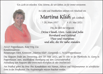 Traueranzeige von Martina Klüh von FZ