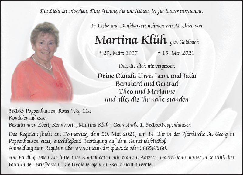  Traueranzeige für Martina Klüh vom 18.05.2021 aus FZ