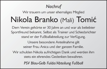 Traueranzeige von Nikola Branko Tomic von FZ