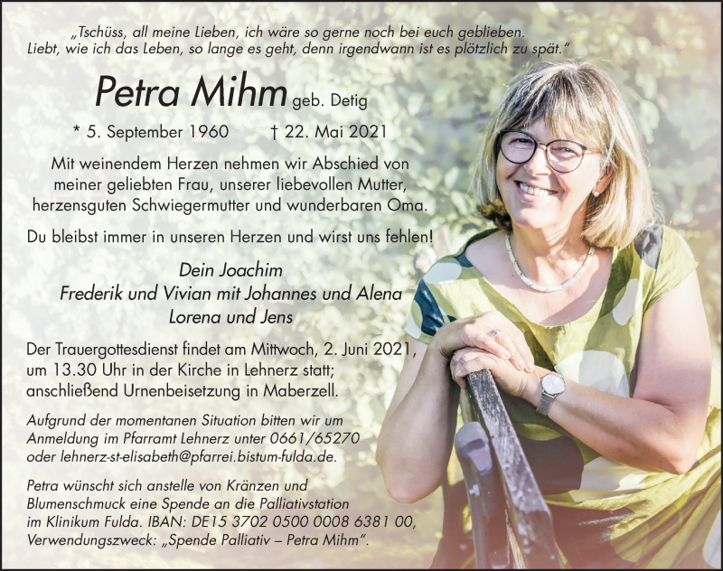  Traueranzeige für Petra Mihm vom 29.05.2021 aus FZ