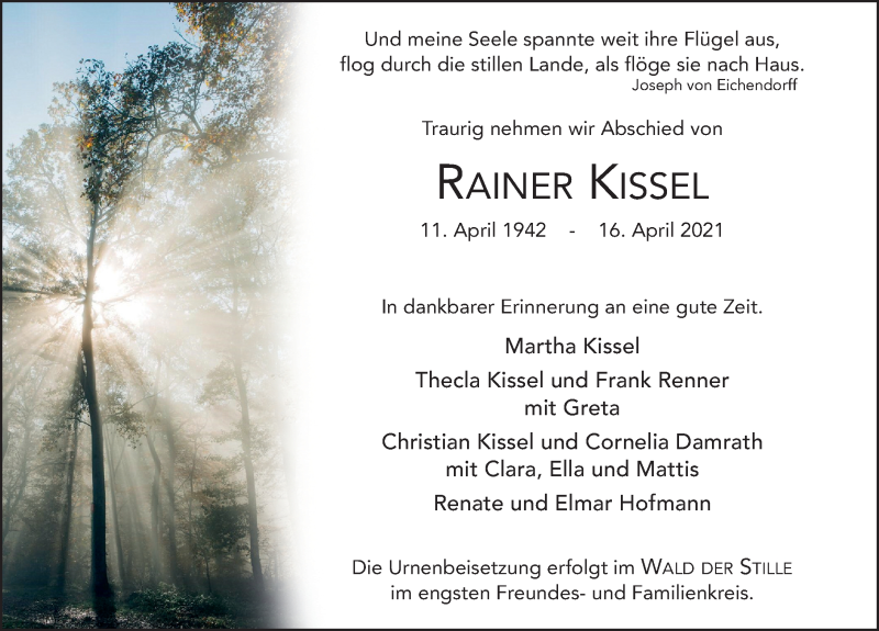  Traueranzeige für Rainer Kissel vom 15.05.2021 aus FZ