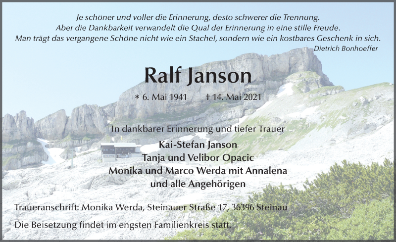  Traueranzeige für Ralf Janson vom 22.05.2021 aus FZ