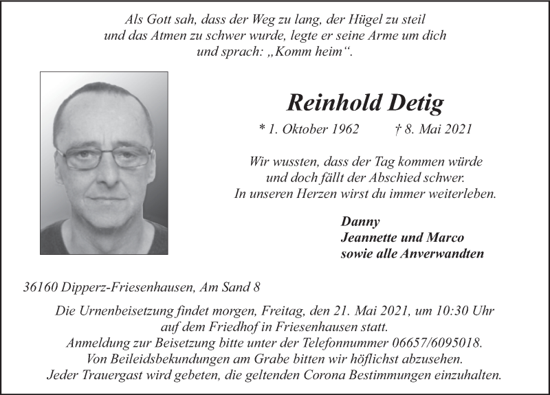  Traueranzeige für Reinhold Detig vom 20.05.2021 aus FZ