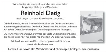 Traueranzeige von Reinhold Detig von FZ