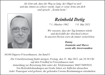 Traueranzeige von Reinhold Detig von FZ