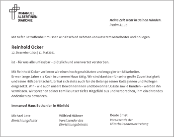 Traueranzeige von Reinhold Ocker von FZ