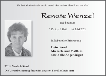 Traueranzeige von Renate Wenzel von FZ