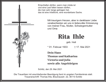 Traueranzeige von Rita Ihle von FZ