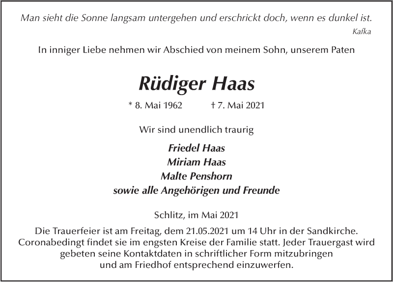  Traueranzeige für Rüdiger Haas vom 19.05.2021 aus FZ