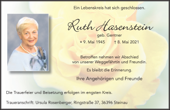 Traueranzeige von Ruth Hasenstein von FZ