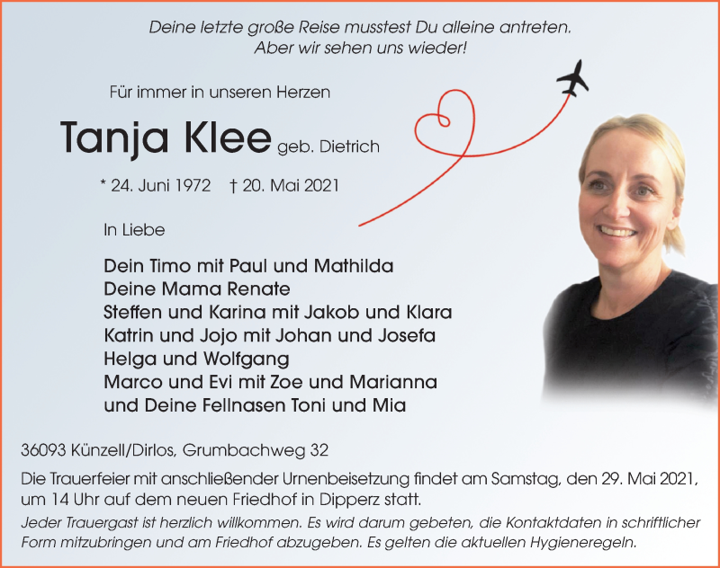  Traueranzeige für Tanja Klee vom 27.05.2021 aus FZ