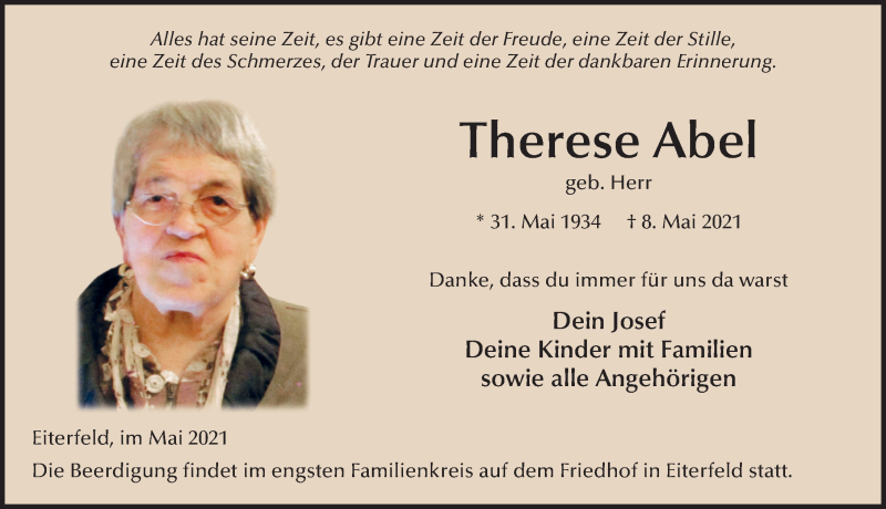  Traueranzeige für Therese Abel vom 11.05.2021 aus FZ