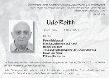 Traueranzeige von Udo Roith von FZ