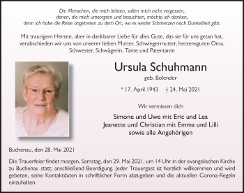 Traueranzeige von Ursula Schuhmann von FZ