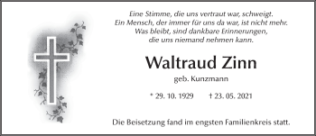 Traueranzeige von Waltraud Zinn von FZ