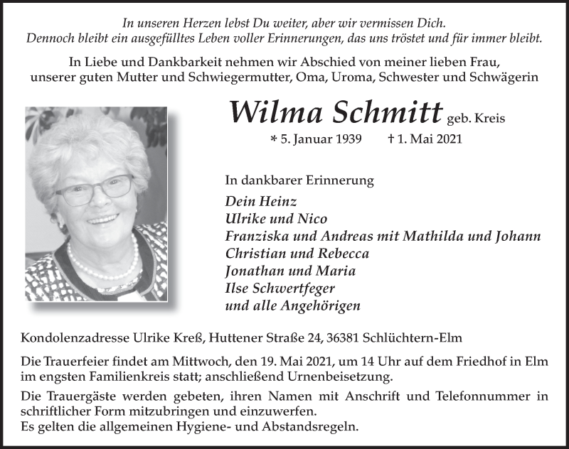  Traueranzeige für Wilma Schmitt vom 15.05.2021 aus FZ