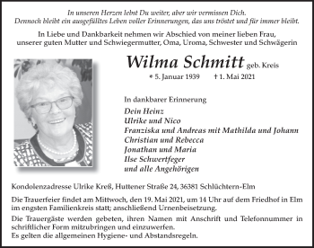 Traueranzeige von Wilma Schmitt von FZ