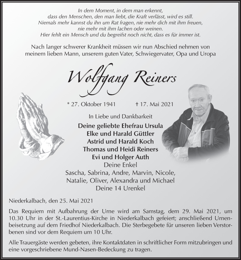 Traueranzeige für Wolfgang Reiners vom 25.05.2021 aus FZ