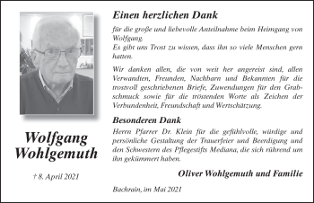 Traueranzeige von Wolfgang Wohlgemuth von FZ
