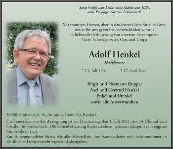 Traueranzeige von Adolf Henkel von FZ