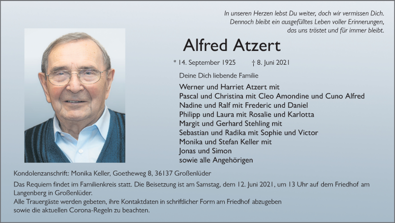  Traueranzeige für Alfred Atzert vom 10.06.2021 aus FZ