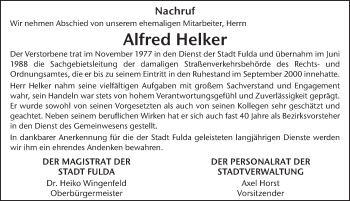Traueranzeige von Alfred Helker von FZ