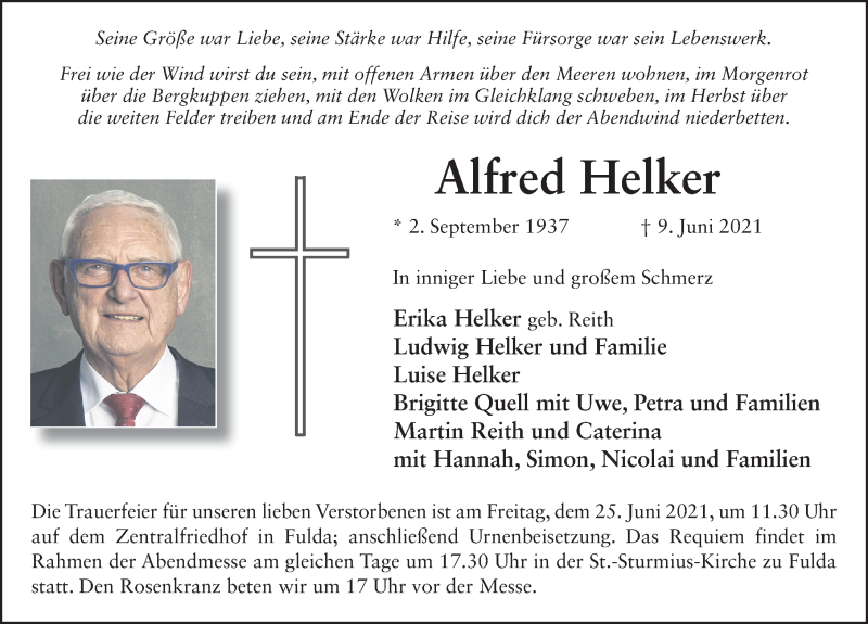  Traueranzeige für Alfred Helker vom 14.06.2021 aus FZ