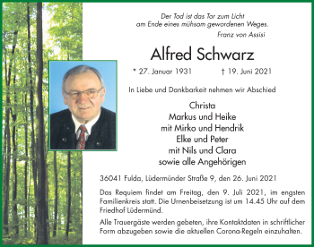 Traueranzeige von Alfred Schwarz von FZ