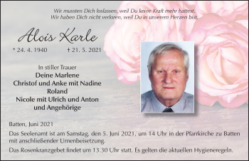 Traueranzeige von Alois Karle von FZ