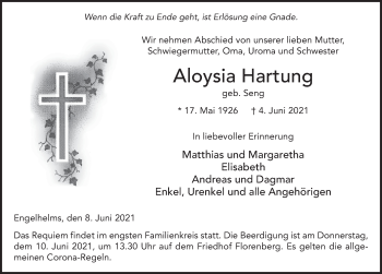 Traueranzeige von Aloysia Hartung von FZ